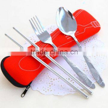 3 Pcs/lot New Fork Spoon Chopstick Travel Stainless Steel Cutlery Portable Bag Picnic