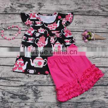 Fashion Girls Wholesale Clothing Cute Plower Teapot Pattern Flutter Sleeve Boutique Outfits 2pcs Icing Shorts Online Clothes Set