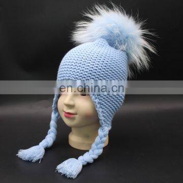 Brand wholesale cute kids natural raccoon fur pom poms knitted hat with braids