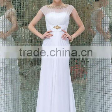 high quality high neck off shoulder beaded chiffon flowing white bridesmaid gown popular