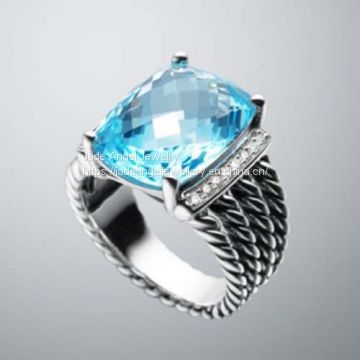 Women Jewelry DY Sterling 925 Silver 16x12mm Blue Topaz Wheaton Ring