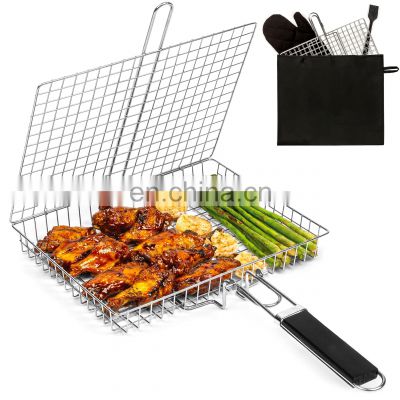 Stainless Steel Large Folding Grill Basket With Handle Basting Brush & A Portable Storage Bag Barbecue Grilling Basket