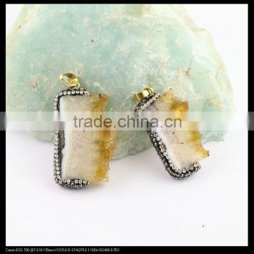 LFD-0081P ~ Wholesale Natural Topaz Quartz Gem Stone Druzy Slice Pendant Pave Crystal Rhinestone Charm Jewelry Pendants
