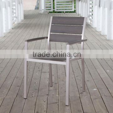 elegant aluminum brushed dining wood arm chair, stacking outdoor plastic chair