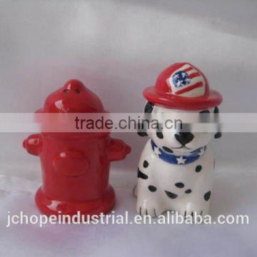 black/white Dalmatian and fire hydrant ceramic salt and pepper shaker set