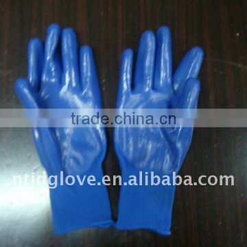 Nitirle gloves. 13G blue nylon with blue nitirle coating ,knitt wrist open back .