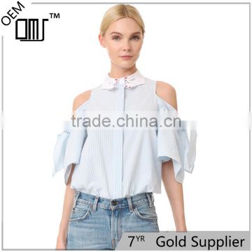 Spring half sleeve voluminous high-low hem high neck blouse designs