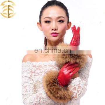 2015 New Product Real Leather Glove With Genuine Raccoon Fur Cuff Leather Glove
