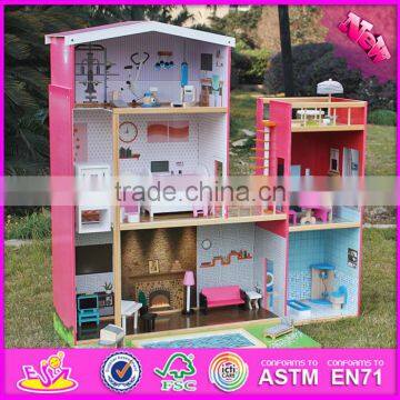 2016 new design full size children pretend play wooden uptown dollhouse with furniture W06A152