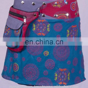 Polka Dot Exotic Print In Blue Ivy Gray Shade Cotton Fabric Gypsy Wrap Around Skirt With Bag Belt HHCS 139 C