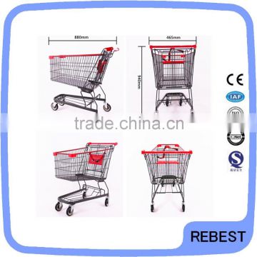 Metal grocery cart with child belt