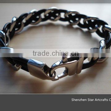 E024 popular genuine wrap leather & stainless steel bracelet