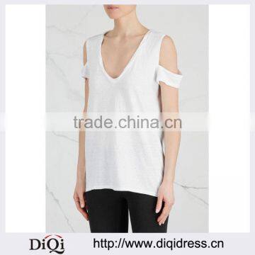 Wholesale Women Apparel Plunge Front Open Shoulders White Jersey T-shirt(DQE0359T)