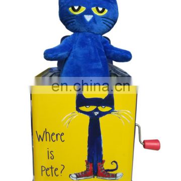 Plush blue cat Jack in the box music sound tin box with plush toy