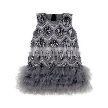 custom Mommy And Me Grey Sequin Tassel Sleeveless O-neck Medium Tulle Dress Boutique girl Lace Dress