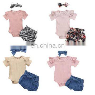 Pure color summer sets pit striped short-sleeved shirt waist protection denim shorts three-piece baby girl suit