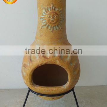 antique outdoor clay chimenea with metal stand