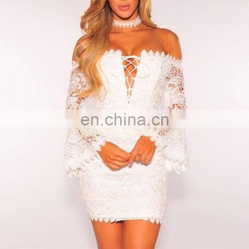 2017 new design white elegant off-shoulder long lace sleeve bandage dress sexy XXX mini evening dresses for women party wear