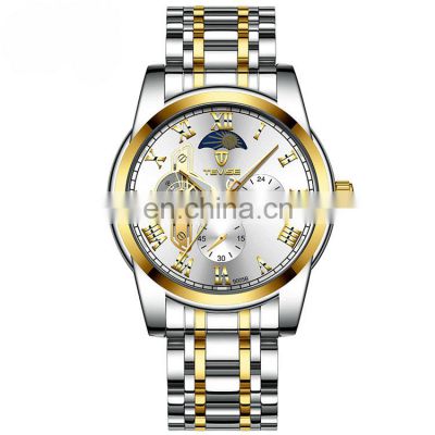 TEVISE 9005B Luxury Men Stainless Steel Sun Moon Phase Watches 24 Hours Display Automatic Mechanical Brand Wrist Watch