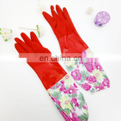 Fashion Woman Long Tightened Cuff Flock Lined Latex Rubber Household House Work Laundry Kitchen Clean Gloves for Dish Washing