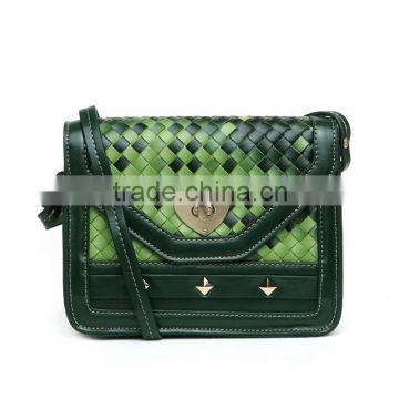 Promotional price green lock handbag fashion lady woven leather shoulder bag