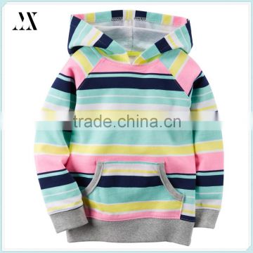 Hot sale all over stripe printed hooded ribbed cuff 100% french terry cotton children girls hoodies