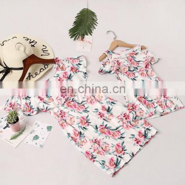 Mother and Daughter Match Clothes Summer Ruffles Short Dress Mom Elegant Floral Print Sexy Off Shoulder Dress Girls Family Look
