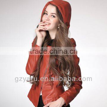 fashion feminine leather jacket with pointed hood