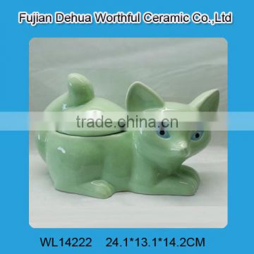 Handmade green fox shaped ceramic food containers with lids