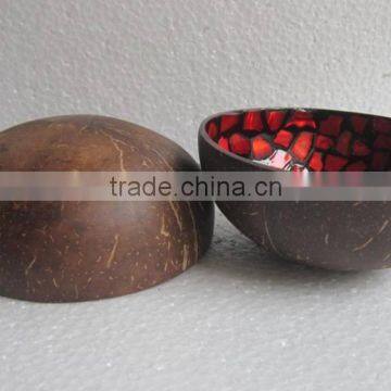 Coconut bowl Vietnam, red color, seashell inlaid, cheap price