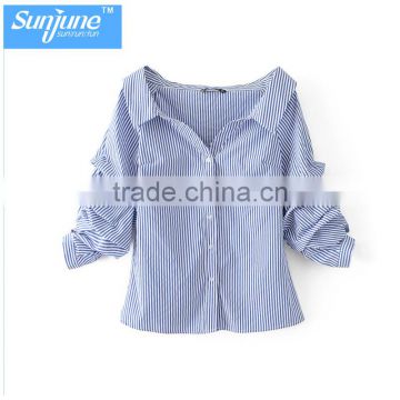 Wholesale Womens 100% Cotton Long sleeve Strip Oxford Blouse
