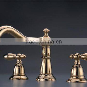 Golden long spout faucet basin mixer tap dual handle single hole