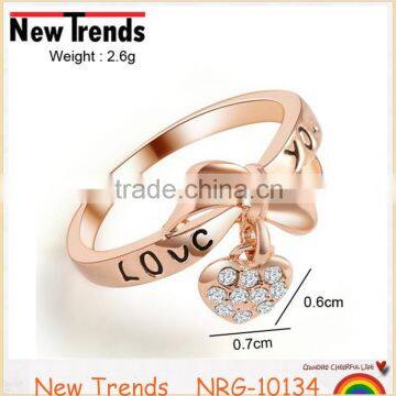 Fashion bow tie ring with heart pendant gold heart ring wholesale