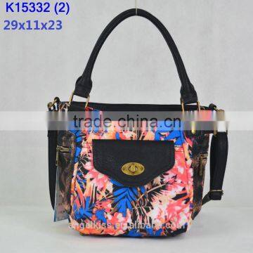 latest fashion style printing fabric handbag match pu leather