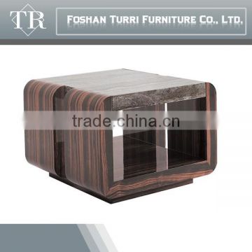 Wooden base travertine top side table with ebony base