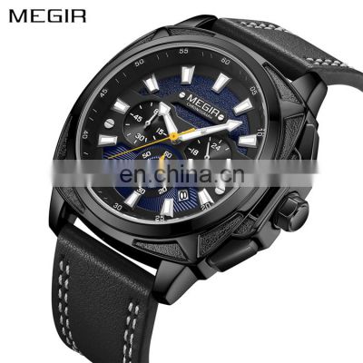 MEGIR 2128G time america quartz watch water resistant 5 bar stainless steel back genuine leather quartz watch