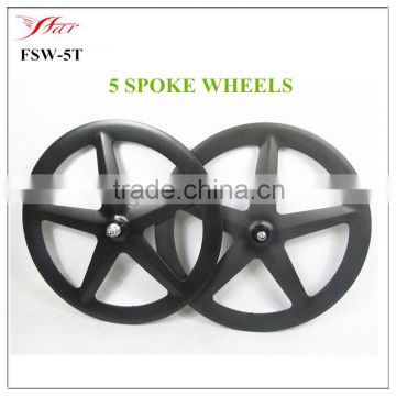 Five spoke wheels carbon tubular straight pull with 3K waves matt rim finish for road or track bike wheels with Novatec hub