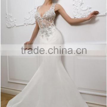 (MY0214) MARRY YOU Sexy Satin Sleeveless Embroidered See Through Beaded Bodice Mermaid Wedding Dress