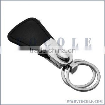 new arrival high quality black genuine leather stainless steel keychain with double rings