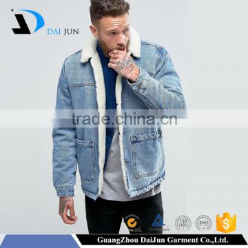 High quality winter new design metal button pockets warm washed fleece cotton plain dyed blank blue men custom denim jean jacket