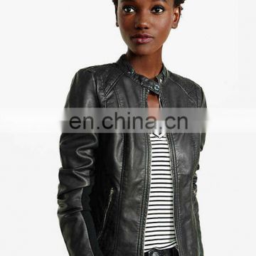 Women's Faux Leather zip closure Long sleeve Collarless Bolero Imitation Leather Jacket