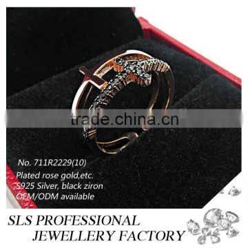 2015 Fashion sterling 925 silver rose gold plated black zircon ring for women