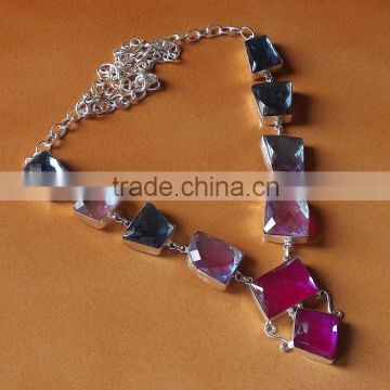 Rainbow And Pink Fire Glass Necklace plated 925 Sterling Silver 61 Gms 18-20 Inches