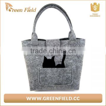 Unique design felt fabric lady shopping handbag cute cat pattern tote bag