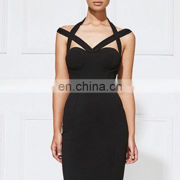 black Cross shoulder strap solid bandage dress evening dresses wholesale