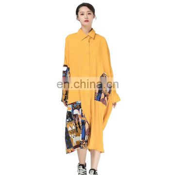 TWOTWINSTYLE Korean Print Women's Dress Lapel Collar Long Sleeve Hit Color Loose