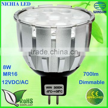 China led light Nichia led 8W mr16 led lamp 12VDC/AC dimmable