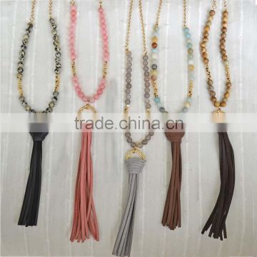 Semi-precious stones bead suded tassel necklace