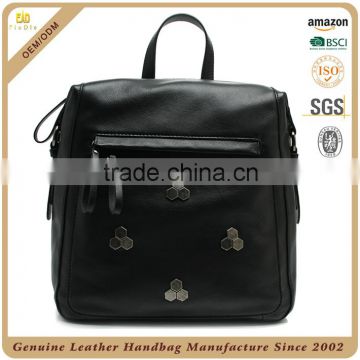 Guangzhou OEM factory genuine leather backpack, lady leather backpack, custom high quality backpack leather black
