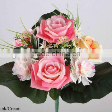 32cm Artificial Satin Rose/ Carnation/ Mini Flowers/ Plastic Grass Bush x13 With 3 Leaves